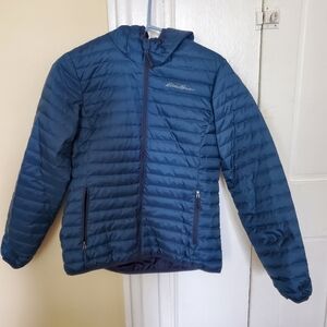 Women's Eddie Bauer Microlight Traveler Down Peacock Parka, size Small